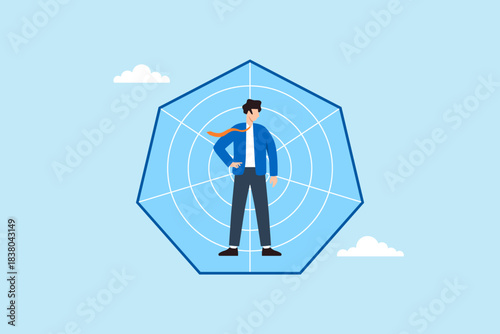 Flat illustration of businessman standing inside radar chart symbolizing performance assessment and skill evaluation