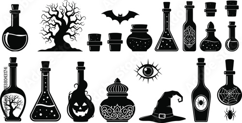 Collection of black silhouette Halloween and magic potion bottles and symbols vector