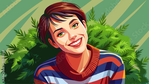 Very beautiful close-up portrait of a young woman with short hair smiling warmly, wearing a colorful striped sweater, posed casually outdoors, hand gently near her collar, expressing joyful energy and