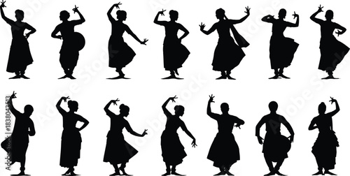Collection of Indian Classical Dancers Silhouettes in Various Poses Indian dance