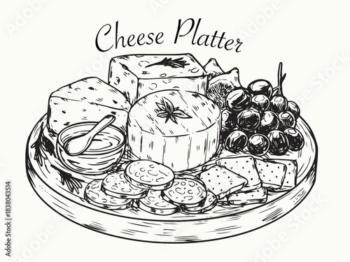 Hand drawn cheese platter board outline drawing illustration
