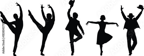 Five black silhouettes of dancers in various ballet and theatrical poses on white background