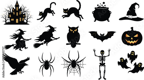 Halloween black silhouette icons of haunted house witches cats owl bat pumpkin spider skeleton and ghosts