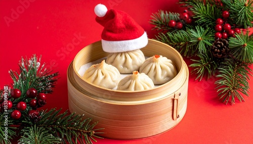 Santa hat on dumpling steamer with berries.