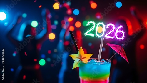 Mocktail with Neon 2026 Stirrer Colorful Festive New Year Drink Photo