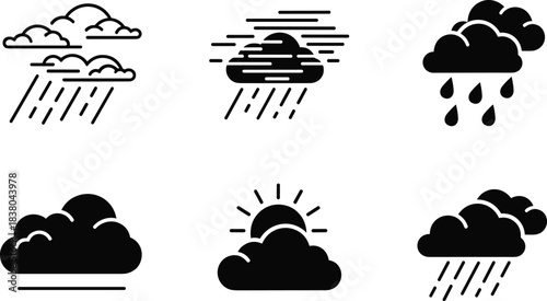 Six black and white weather icons depicting rain clouds sun and wind vector