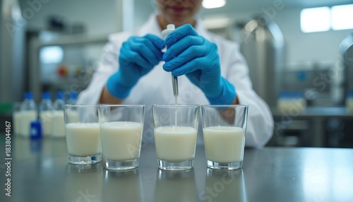 Food scientist works in dairy factory. Person in gloves tests milk samples using pipette. Researcher analyzes liquid dairy product. Lab expert controls quality during production.