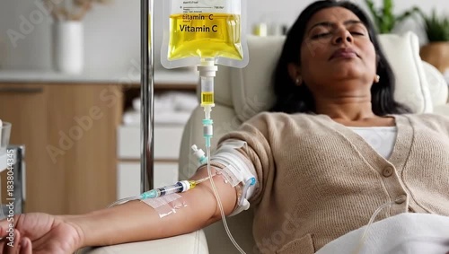 Woman Receives Intravenous Vitamin C Infusion Therapy in Relaxed Medical Spa Setting Natural Light