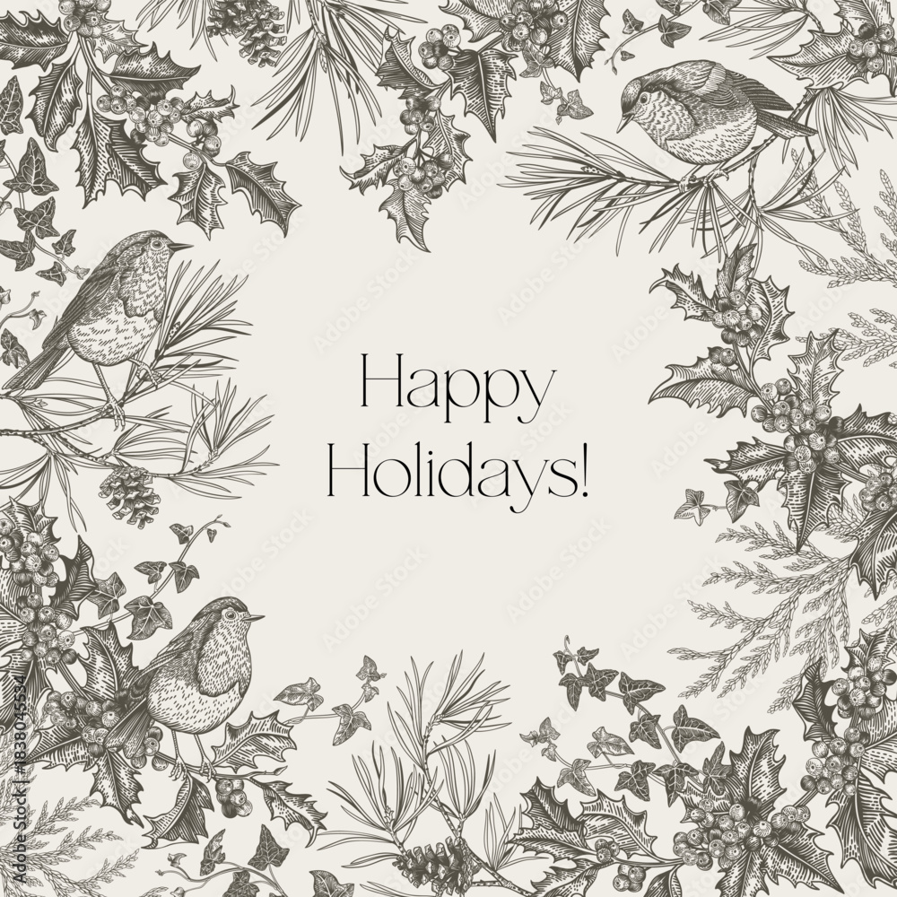 Obraz premium Vintage Christmas illustration with three cheerful robins nestled among holly, pine, ivy, and red berries. Holiday card with birds in vintage style. Black and white.