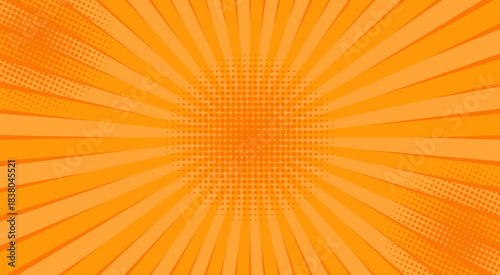 Comics orange retro background with halftone corners and rays. Summer backdrop. Vector illustration in retro pop art style for comics book, poster, advertising design.