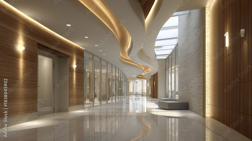 Obraz premium Modern office hallway with curved ceiling design and warm lighting, featuring glass walls and polished floor reflecting elegant architecture and creating calm atmosphere