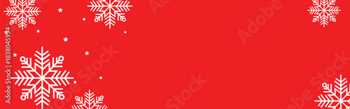Festive red winter background with white geometric snowflakes and small stars around empty center space, ideal for Christmas greeting cards, holiday banners, web headers, and seasonal promotional desi