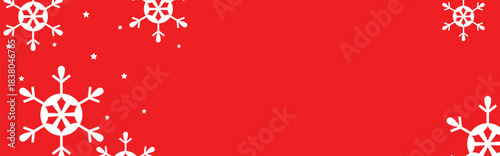 Festive red winter background with white geometric snowflakes and small stars around empty center space, ideal for Christmas greeting cards, holiday banners, web headers, and seasonal promotional desi