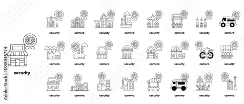A series of icons for security, including a security camera, a security guard