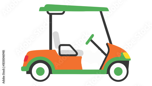 Modern Orange and Green Golf Cart Side Profile With White Seat And Black Background Simple Flat Design Illustration