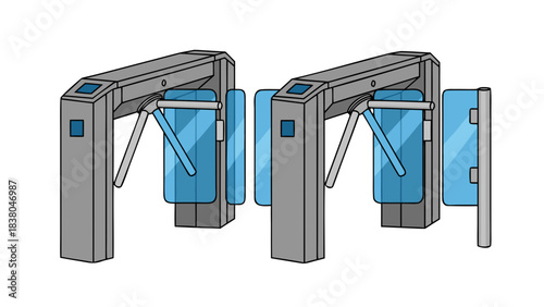 Modern Security Turnstile Gates with Blue Glass Panels and Metallic Gray Frames Offering Access Control and Crowd Management on a Black Background Minimalist Illustration