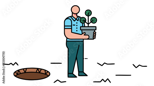 Man In Blue Polo Shirt Holds Pot With Green Spheres While Standing Beside Open Pit On Black Background Illustration