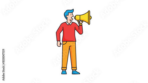 Man With Blue Hair And Red Shirt Speaking Loudly Through A Yellow Megaphone Against A Black Background