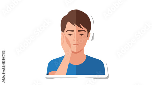 Man With Brown Hair Wearing A Blue T Shirt Holding His Cheek In Pain And Looking Down With A Worried Expression On His Face In A Studio Shot With A Black Background