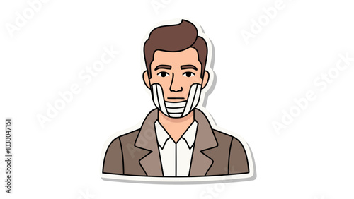 Man With Brown Hair Wearing A Tan Blazer Over A White Collared Shirt Shaving His Face With A Razor On A Black Background