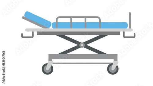 Medical Gurney with Blue Padded Mattress and Silver Metal Frame with Wheels on a Black Background