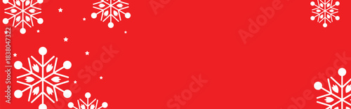 Festive red winter background with white geometric snowflakes and small stars around empty center space, ideal for Christmas greeting cards, holiday banners, web headers, and seasonal promotional desi