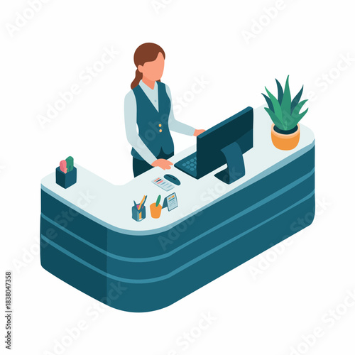 Isometric illustration of a female receptionist working at a modern office reception desk with a computer and a green plant.