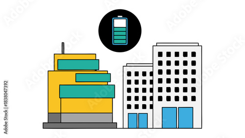 Modern Cityscape with Tall Buildings and Flying Battery Icon Against a Black Background Minimalist Style