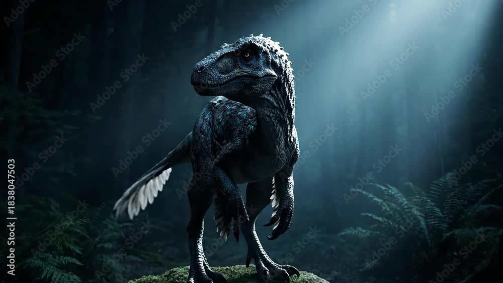 Natureworks Raptor Raptor poised on a mossy rock in a moonlit prehistoric forest, its ...