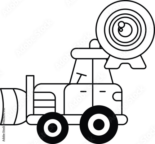 A black and white drawing of a tractor with a camera on top