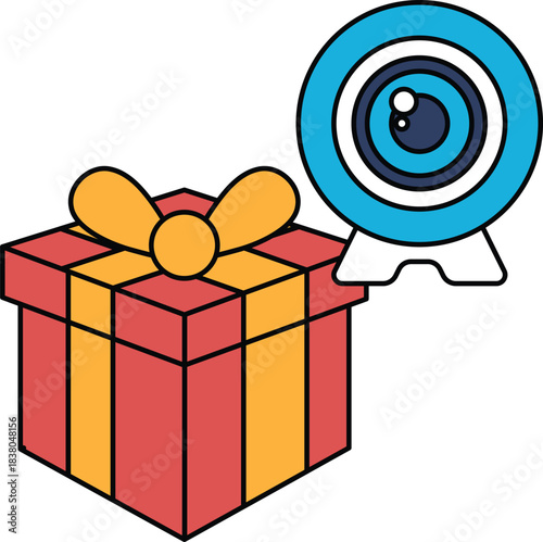 A box with a flower on top of it and a camera on the right side