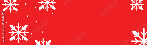 Festive red winter background with white geometric snowflakes and small stars around empty center space, ideal for Christmas greeting cards, holiday banners, web headers, and seasonal promotional desi