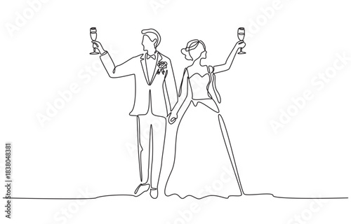 Continuous one line drawing of bride and groom raising glasses with joy and happiness, capturing joy of a wedding moment, single line art.