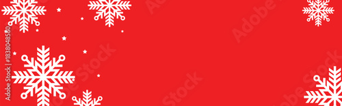 Festive red winter background with white geometric snowflakes and small stars around empty center space, ideal for Christmas greeting cards, holiday banners, web headers, and seasonal promotional desi
