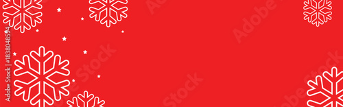 Festive red winter background with white geometric snowflakes and small stars around empty center space, ideal for Christmas greeting cards, holiday banners, web headers, and seasonal promotional desi