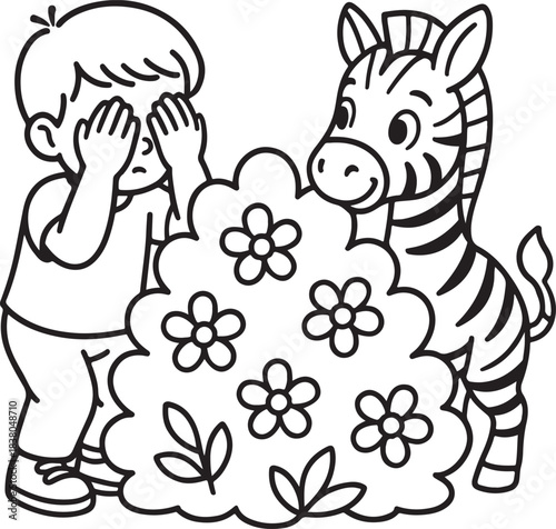 Boy playing hide and seek with a zebra behind a bush