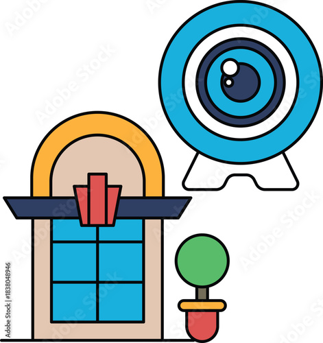 A black and white drawing of a camera and a building