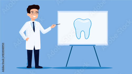 Dentist explaining oral hygiene in a cheerful classroom setting