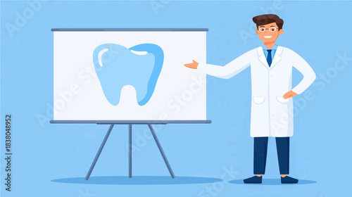 Dentist explaining oral hygiene in a cheerful classroom setting