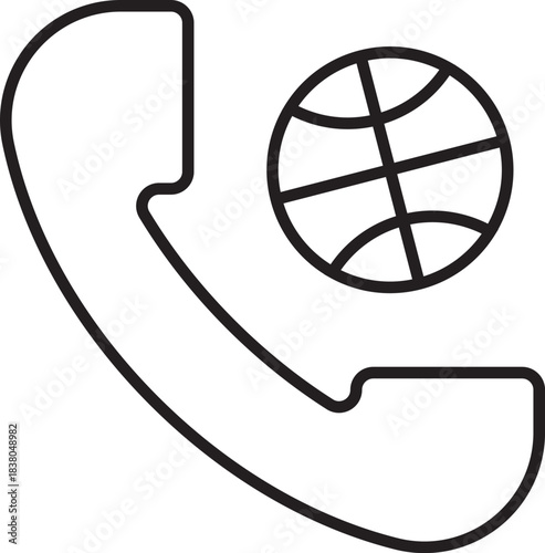 Outline icon depicting a telephone receiver next to a globe, symbolizing global communication and international calls.