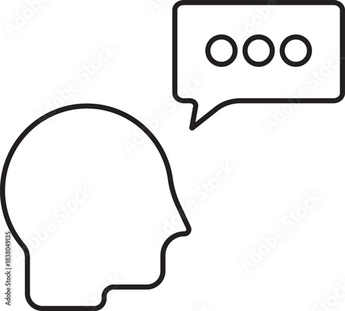 Outline illustration of a human head in profile with a speech bubble containing three dots, symbolizing thought, communication, or processing.