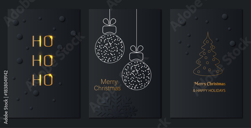 Collection of Luxury Xmas greeting cards in night black color for celebrate Christmas card, poster, holiday cover