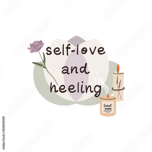 Self love and heeling. Aromatherapy with candles diffuser. Card, emblem and poster. Relaxation, meditation and yoga. Vector cartoon flat isolated illustration
