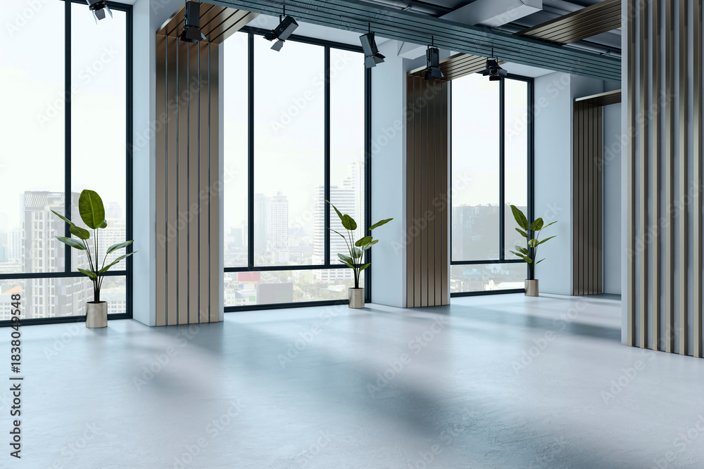 Naklejka premium Empty modern interior room with large windows and city view in background, featuring minimal design and natural light indoors. 3D Rendering