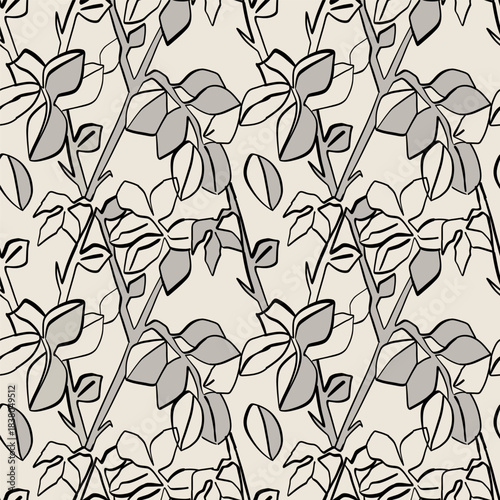 Flower minimal seamless pattern. Hand drawn line flowers and branches with leaves. Herbal and meadow plants. Decor textile, wrapping paper, wallpaper. Print for fabric. Vector botanical background