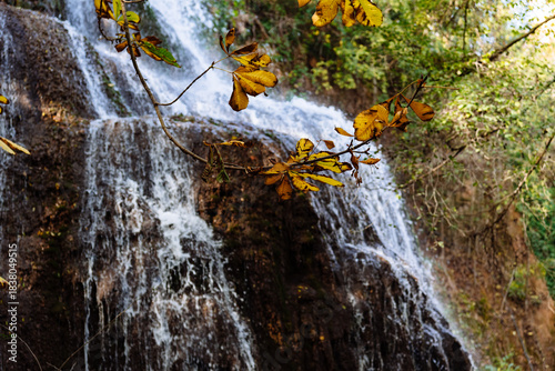 Scenic waterfall cascading through rocks at Monasterio de Piedra, Spain