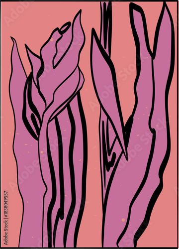 Flower minimal posters. Hand drawn line flowers and branches with leaves. Herbal and meadow plants, iris or lily modern wall art composition floral decor, pink colors. Vector botanical illustration