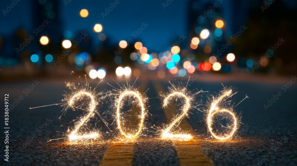 Naklejka premium happy new year, new year's eve, celebration holiday winter party event celebration greeting card - year 2026 sparkler font on street