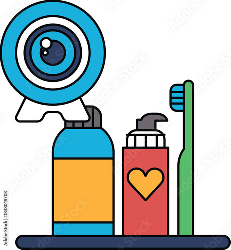 A black and white drawing of a toothbrush, toothpaste, and a bottle of mouthwash