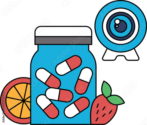 A jar of pills is next to a strawberry and an orange